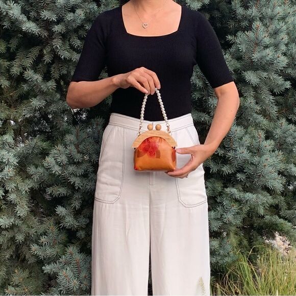 Handmade Genuine Leather Rose Print Wooden Frame Purse with 2 Chains style - Picture 6 of 16